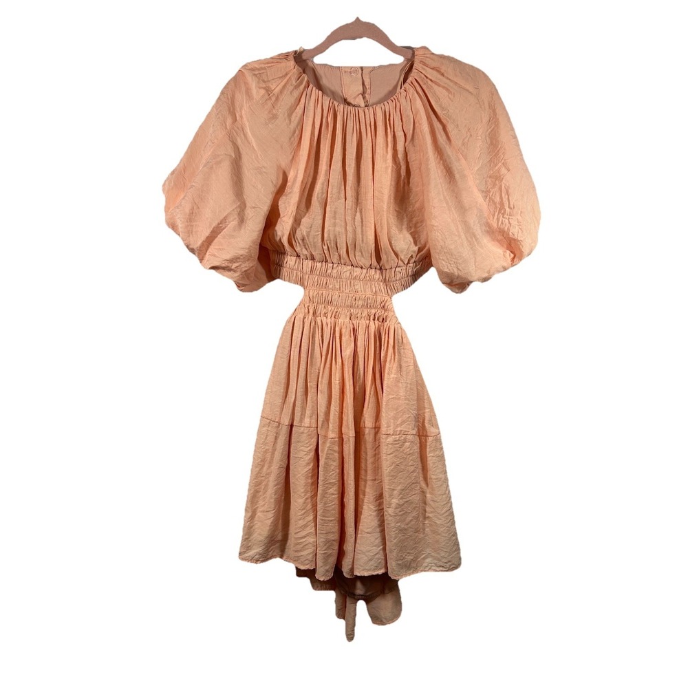 Mable Peach Puff Sleeve Cut Out Mini Dress S Coquette Soft Girl Romantic Cottage
